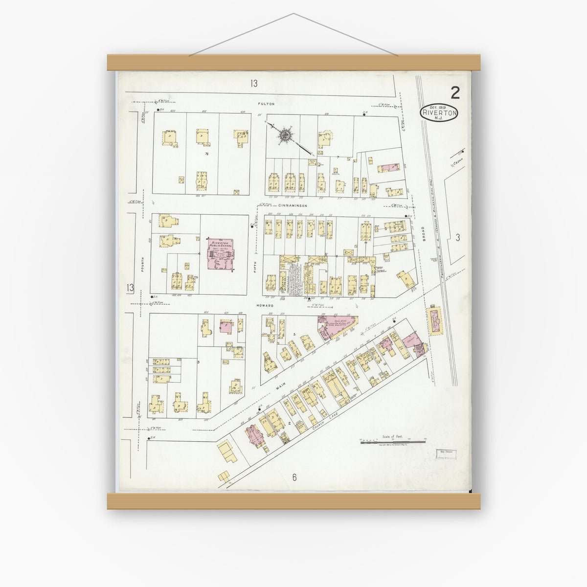 Old map wall art mockup — magnetic wood frame on white wall — Sanborn Fire Insurance Map from Riverton, Burlington County, New Jersey (1919) - Complete Map Set