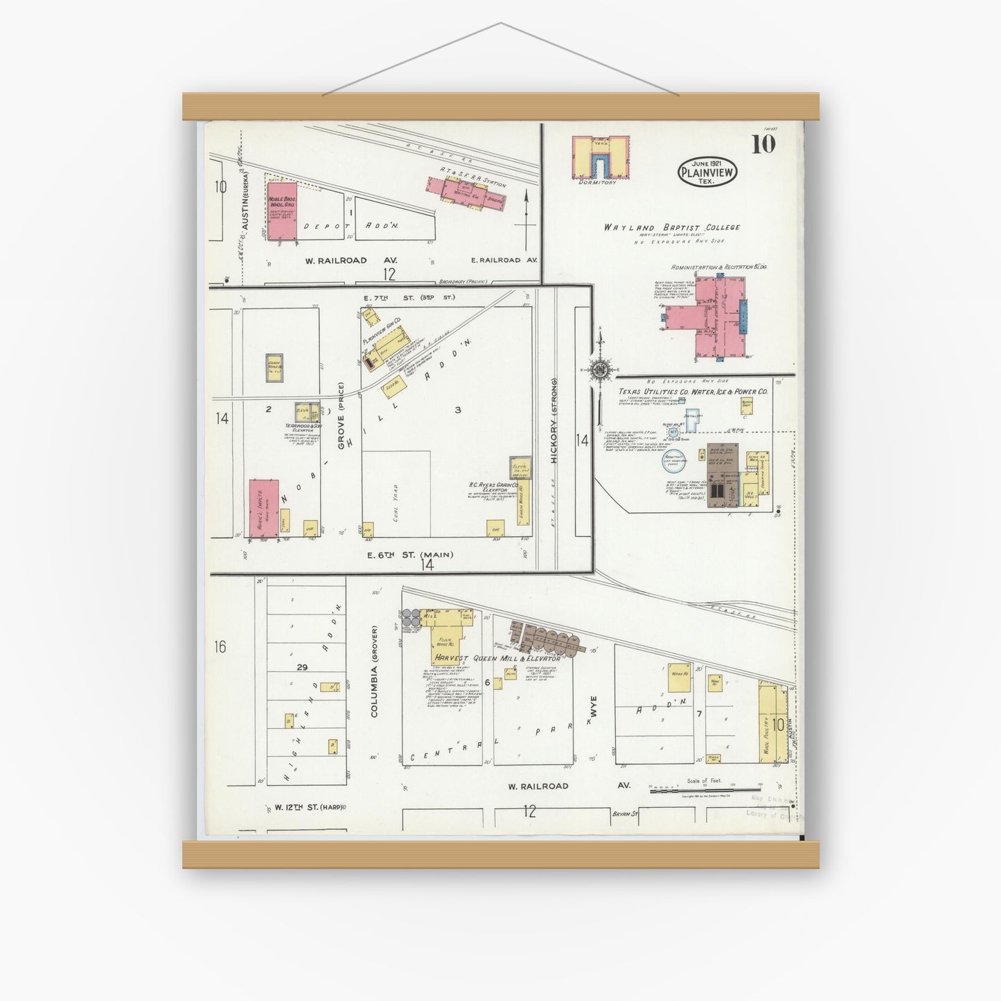 Old map wall art mockup — magnetic wood frame on white wall — Sanborn Fire Insurance Map from Plainview, Hale County, Texas (1921), Sheet #0010