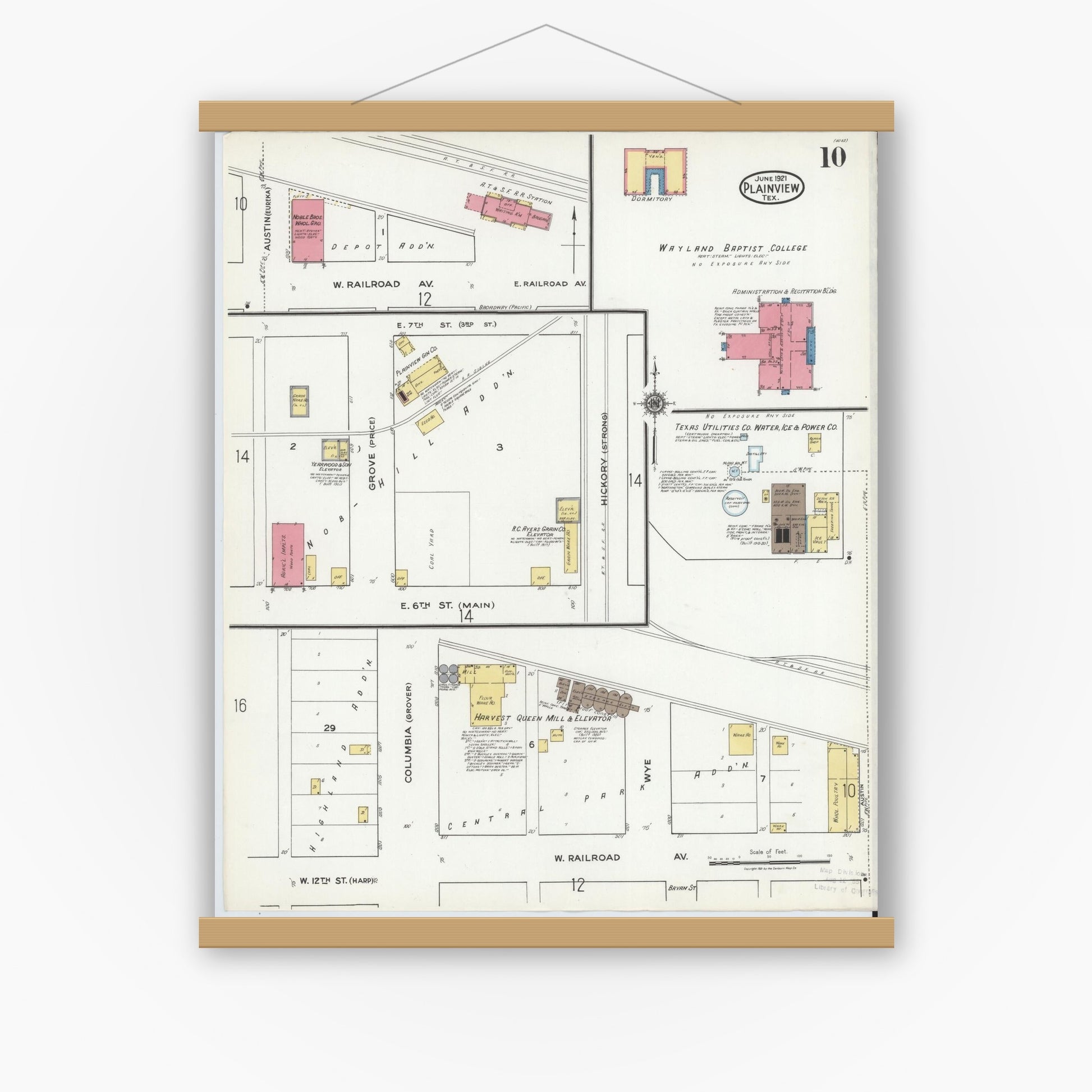 Old map wall art mockup — magnetic wood frame on white wall — Sanborn Fire Insurance Map from Plainview, Hale County, Texas (1921), Sheet #0010