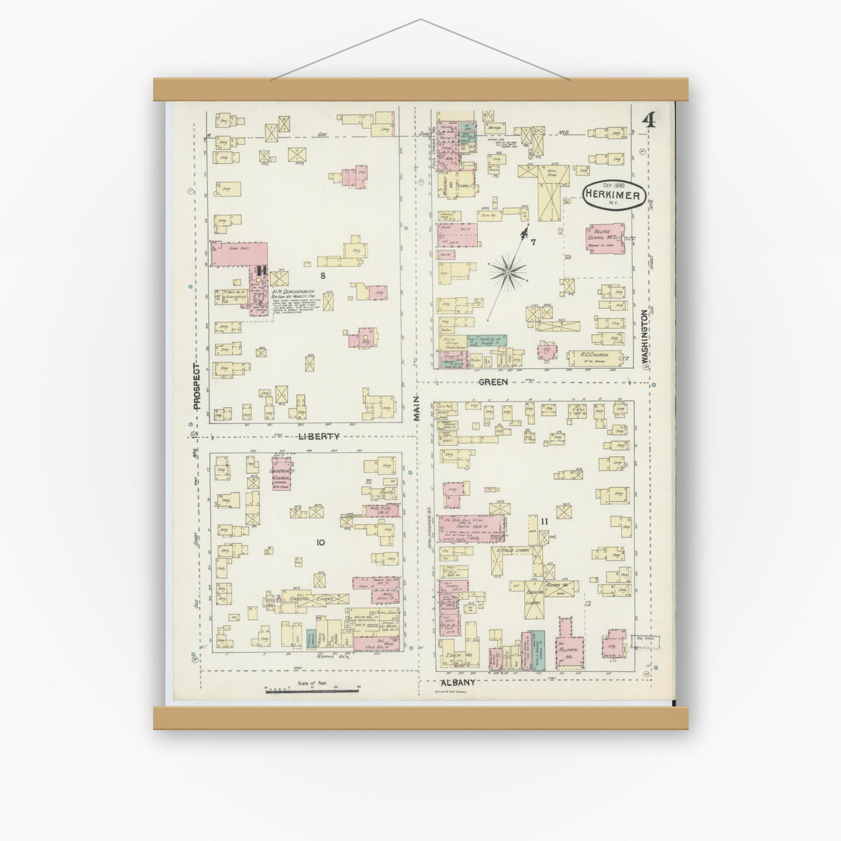 Old map wall art mockup — magnetic wood frame on white wall — Sanborn Fire Insurance Map from Herkimer, Herkimer County, New York (1890), Sheet #0004