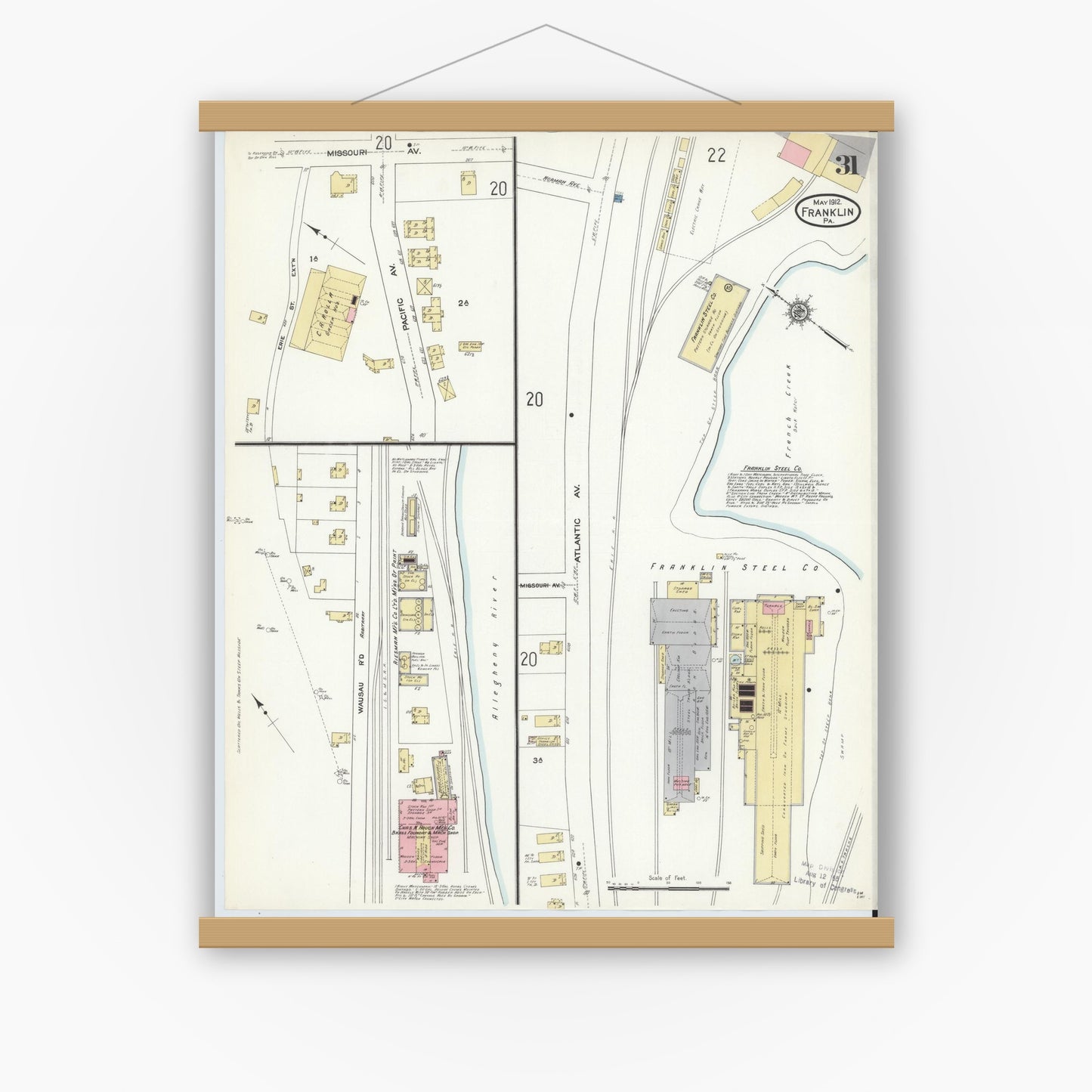 Old map wall art mockup — magnetic wood frame on white wall — Sanborn Fire Insurance Map from Franklin, Venango County, Pennsylvania (1912), Sheet #0031