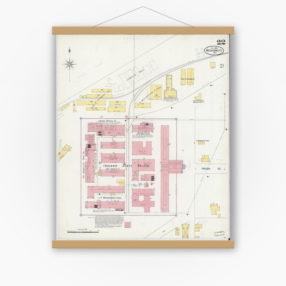 Old map wall art mockup — magnetic wood frame on white wall — Sanborn Fire Insurance Map from Michigan City, La Porte County, Indiana (1899), Sheet #0022