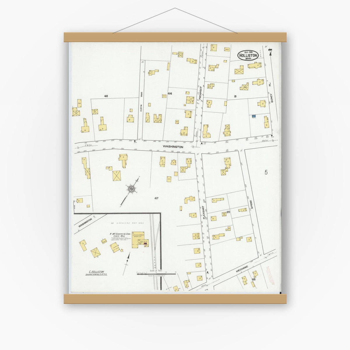 Old map wall art mockup — magnetic wood frame on white wall — Sanborn Fire Insurance Map from Holliston, Middlesex County, Massachusetts (1919), Sheet #0007