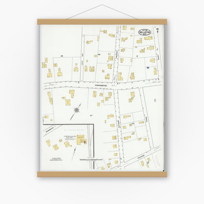 Old map wall art mockup — magnetic wood frame on white wall — Sanborn Fire Insurance Map from Holliston, Middlesex County, Massachusetts (1919), Sheet #0007