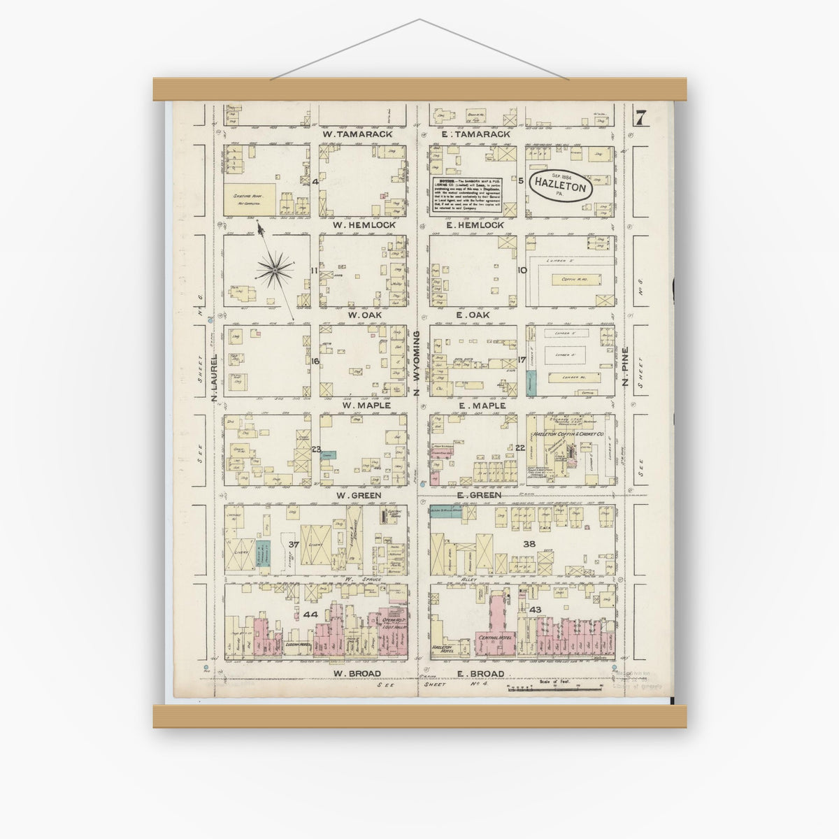 Old map wall art mockup — magnetic wood frame on white wall — Sanborn Fire Insurance Map from Hazleton, Luzerne County, Pennsylvania (1884), Sheet #0007