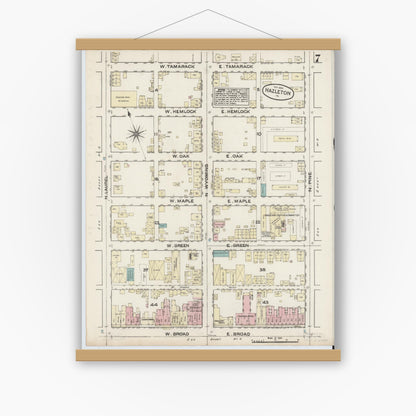 Old map wall art mockup — magnetic wood frame on white wall — Sanborn Fire Insurance Map from Hazleton, Luzerne County, Pennsylvania (1884), Sheet #0007
