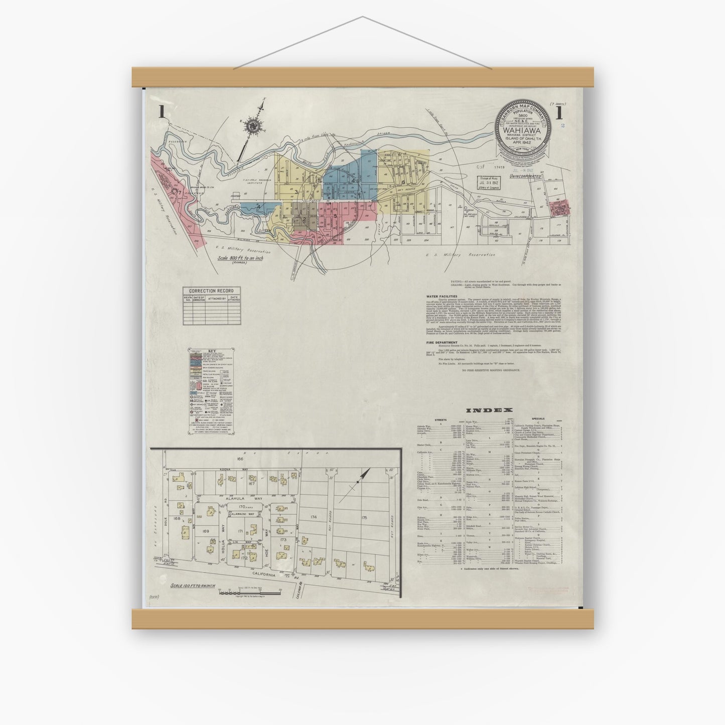 Old map wall art mockup — magnetic wood frame on white wall — Sanborn Fire Insurance Map from Wahiawa, Honolulu County, Hawaii (1942) - Complete Map Set