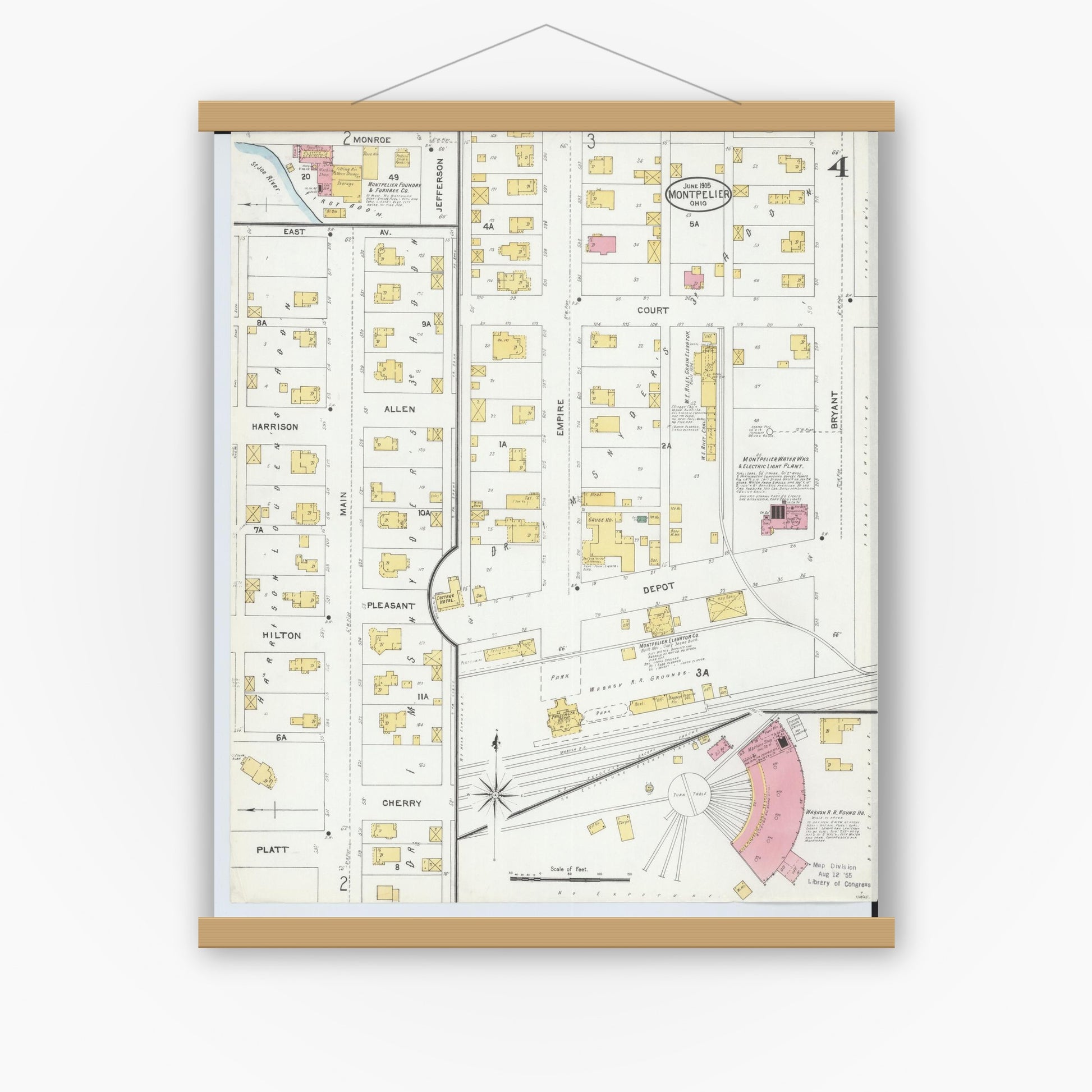 Old map wall art mockup — magnetic wood frame on white wall — Sanborn Fire Insurance Map from Montpelier, Williams County, Ohio (1905), Sheet #0004