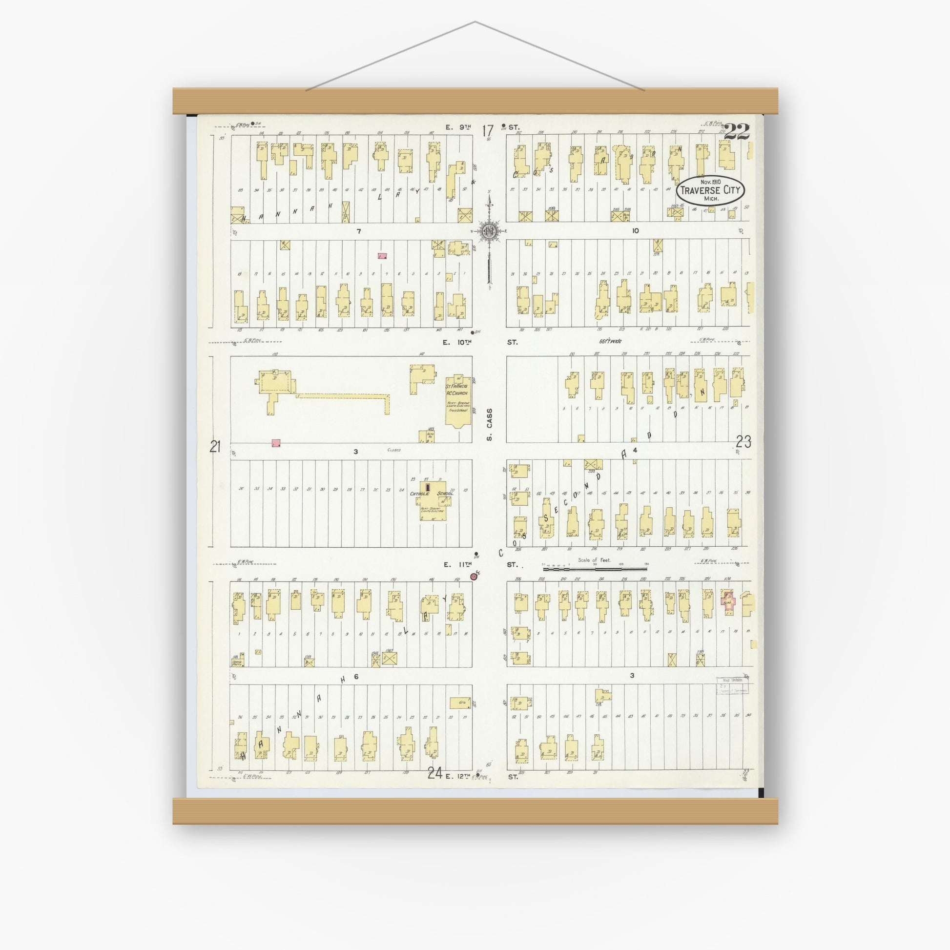 Old map wall art mockup — magnetic wood frame on white wall — Sanborn Fire Insurance Map from Traverse City, Grand Traverse County, Michigan (1910), Sheet #0022