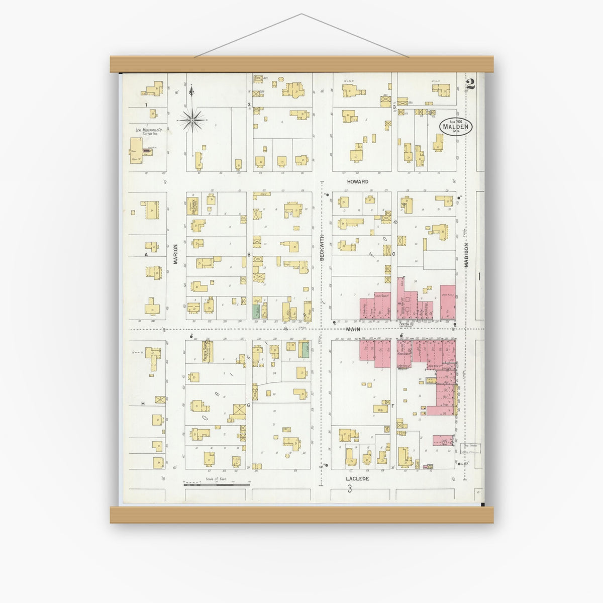 Old map wall art mockup — magnetic wood frame on white wall — Sanborn Fire Insurance Map from Malden, Dunklin County, Missouri (1900), Sheet #0002