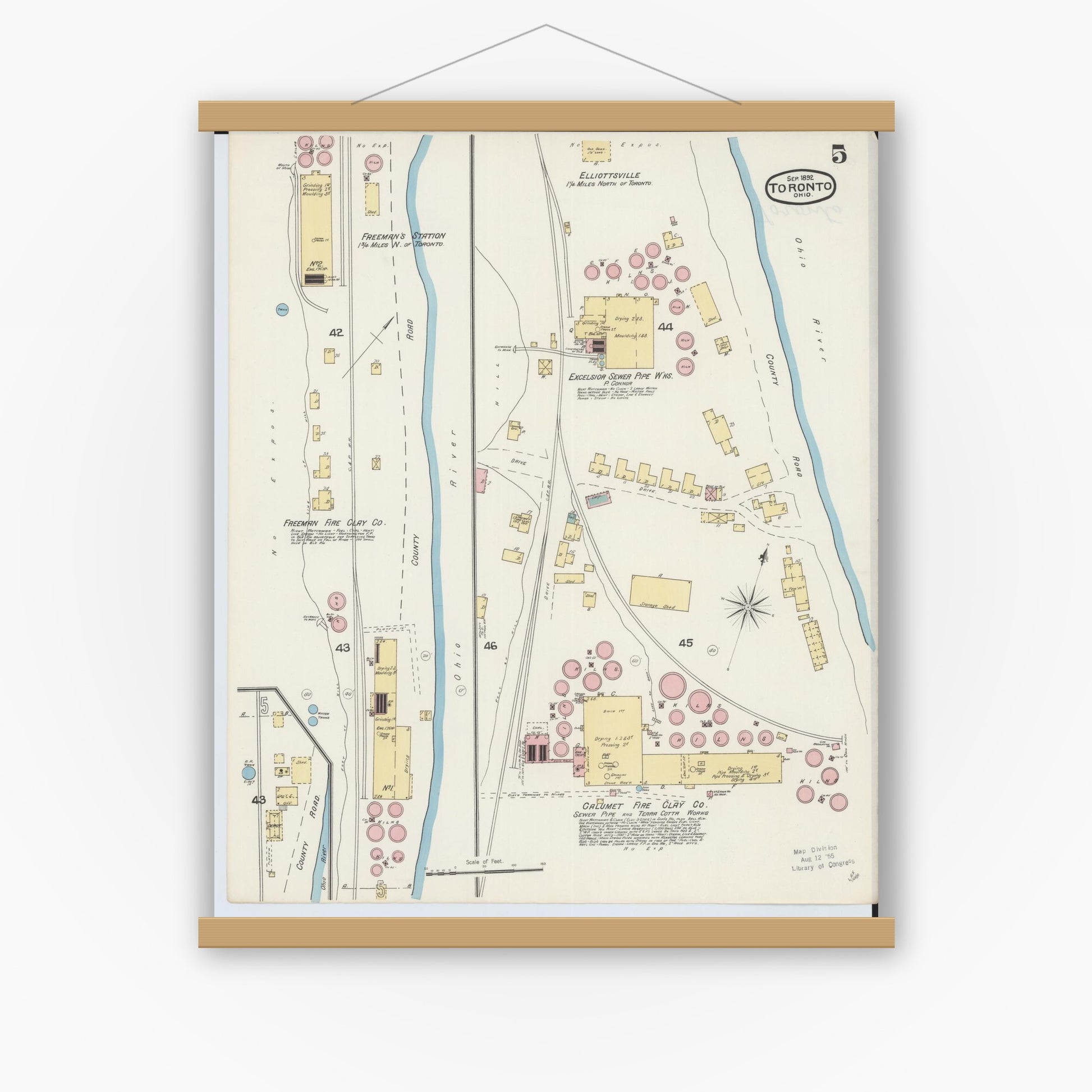 Old map wall art mockup — magnetic wood frame on white wall — Sanborn Fire Insurance Map from Toronto, Jefferson County, Ohio (1892), Sheet #0005