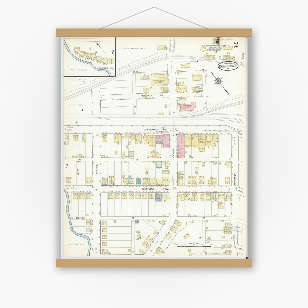 Old map wall art mockup — magnetic wood frame on white wall — Sanborn Fire Insurance Map from Beaverdale, Cambria County, Pennsylvania (1914), Sheet #0002