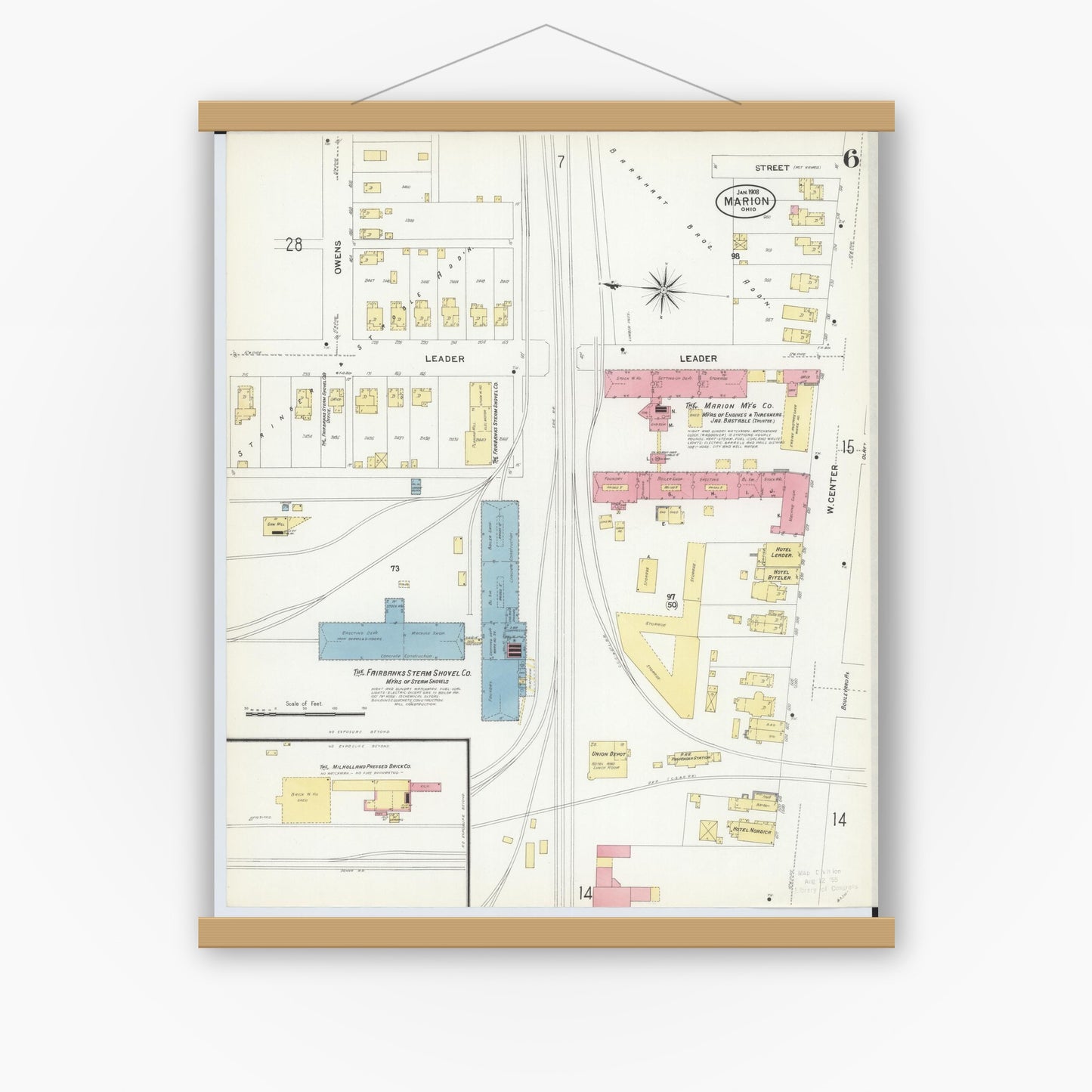 Old map wall art mockup — magnetic wood frame on white wall — Sanborn Fire Insurance Map from Marion, Marion County, Ohio (1908), Sheet #0006