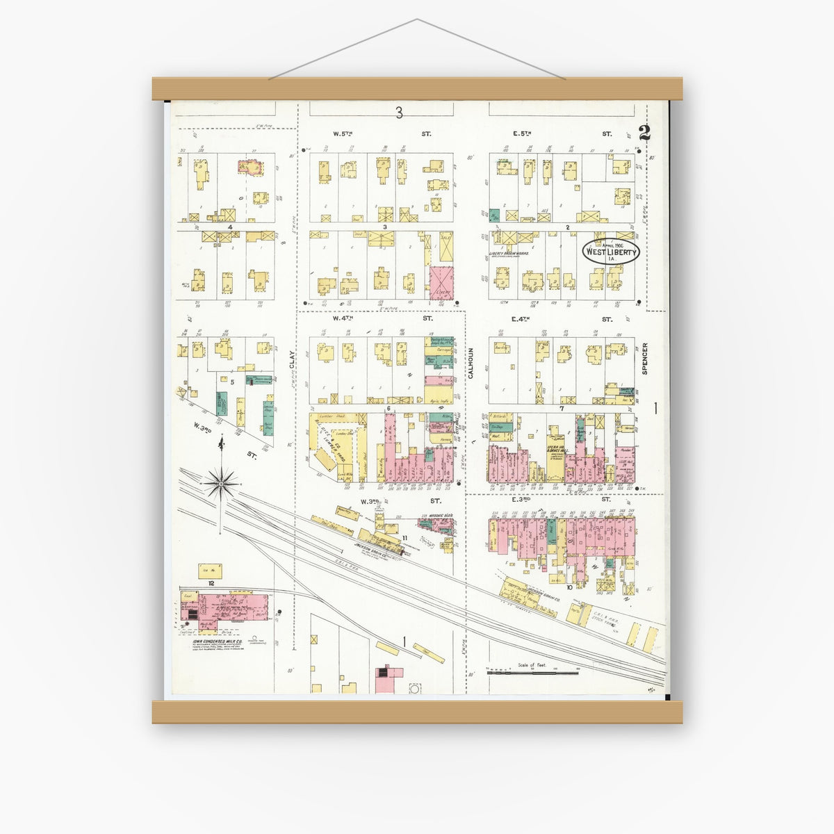 Old map wall art mockup — magnetic wood frame on white wall — Sanborn Fire Insurance Map from West Liberty, Muscatine County, Iowa (1906), Sheet #0002