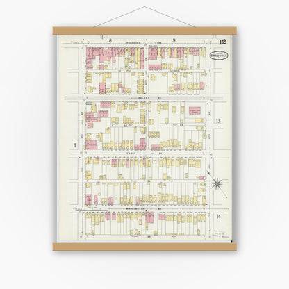 Old map wall art mockup — magnetic wood frame on white wall — Sanborn Fire Insurance Map from Braddock, Allegheny County, Pennsylvania (1896), Sheet #0012