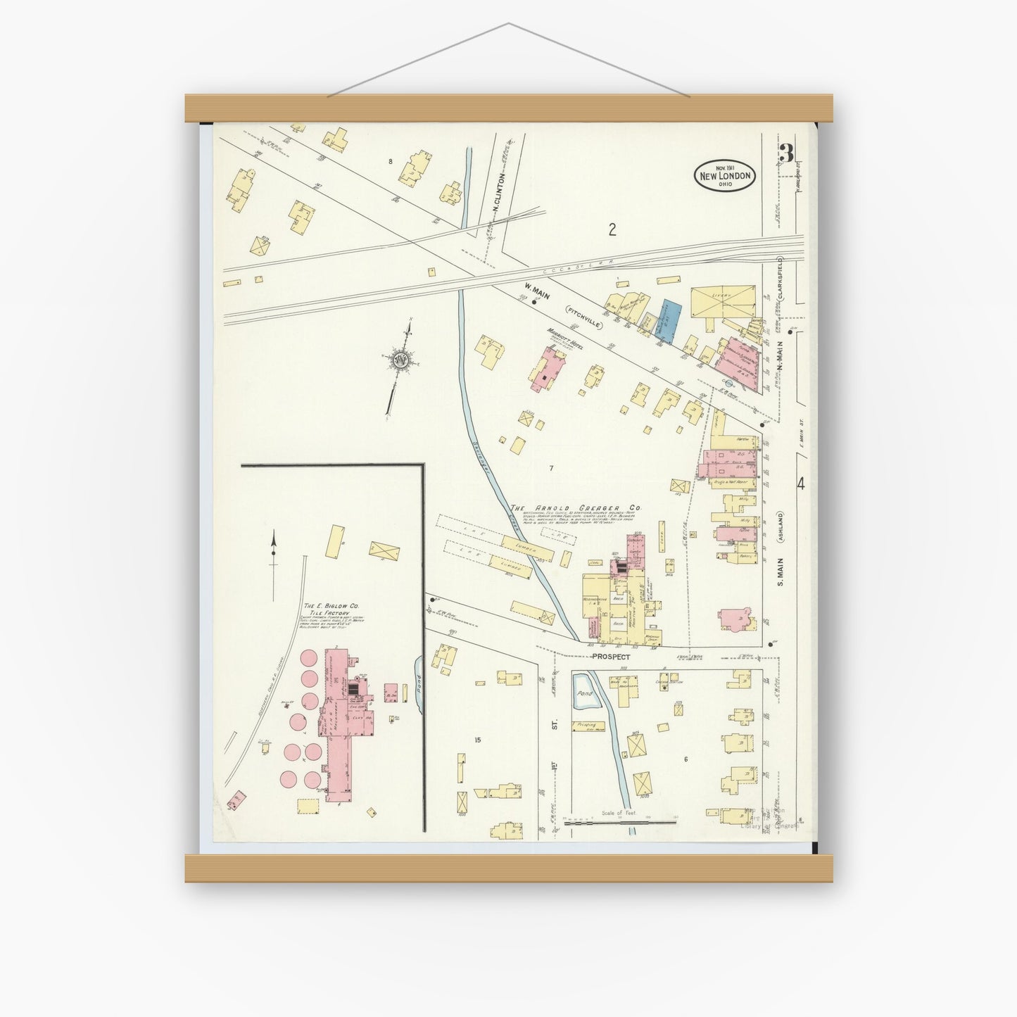 Old map wall art mockup — magnetic wood frame on white wall — Sanborn Fire Insurance Map from New London, Huron County, Ohio (1911), Sheet #0003
