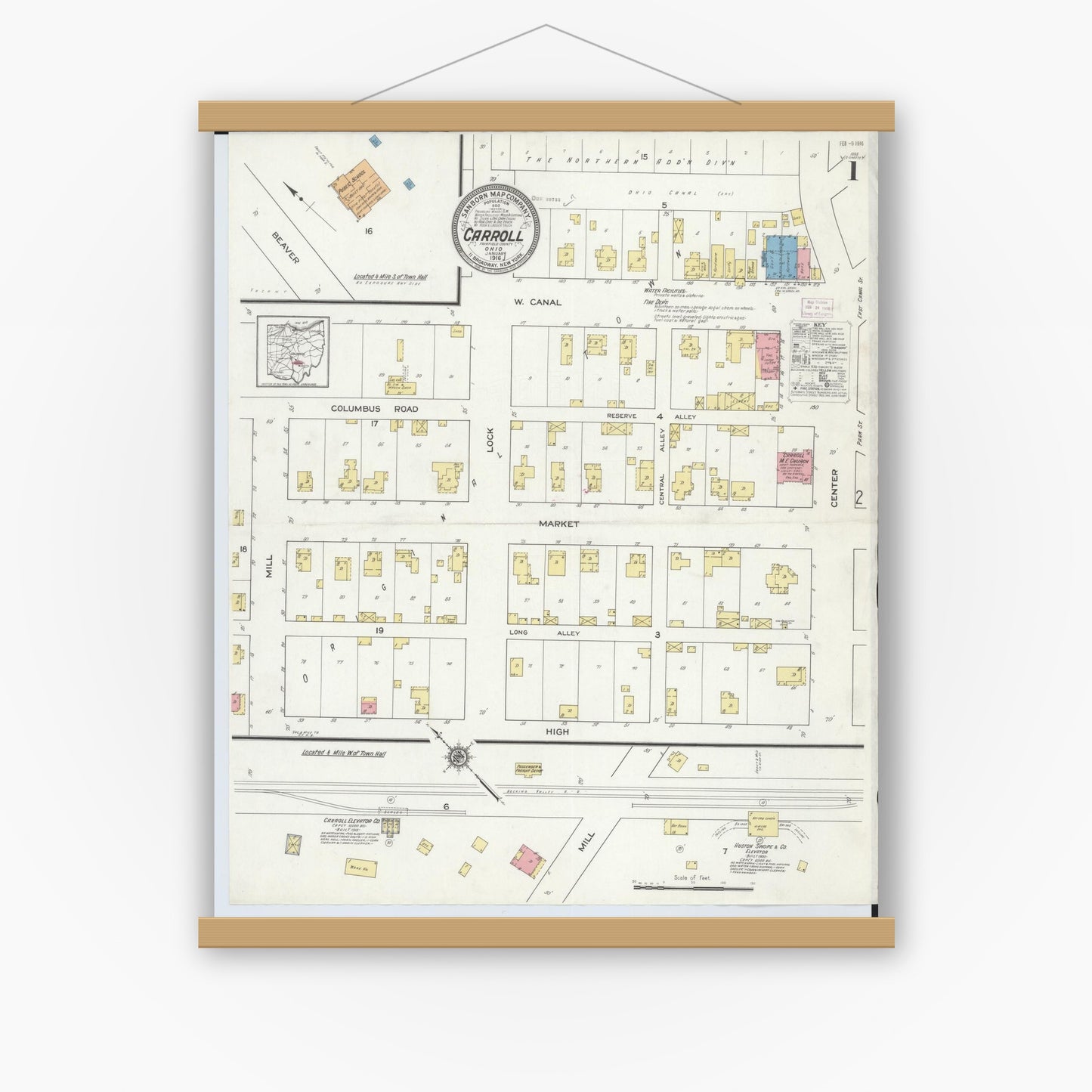 Old map wall art mockup — magnetic wood frame on white wall — Sanborn Fire Insurance Map from Carroll, Fairfield County, Ohio (1916), Sheet #0001