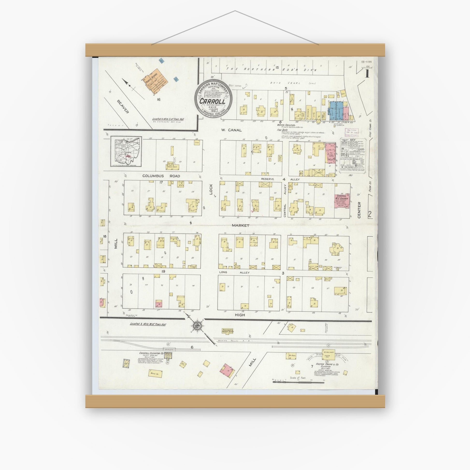 Old map wall art mockup — magnetic wood frame on white wall — Sanborn Fire Insurance Map from Carroll, Fairfield County, Ohio (1916), Sheet #0001