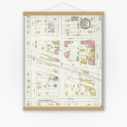 Old map wall art mockup — magnetic wood frame on white wall — Sanborn Fire Insurance Map from Rantoul, Champaign County, Illinois (1899), Sheet #0001