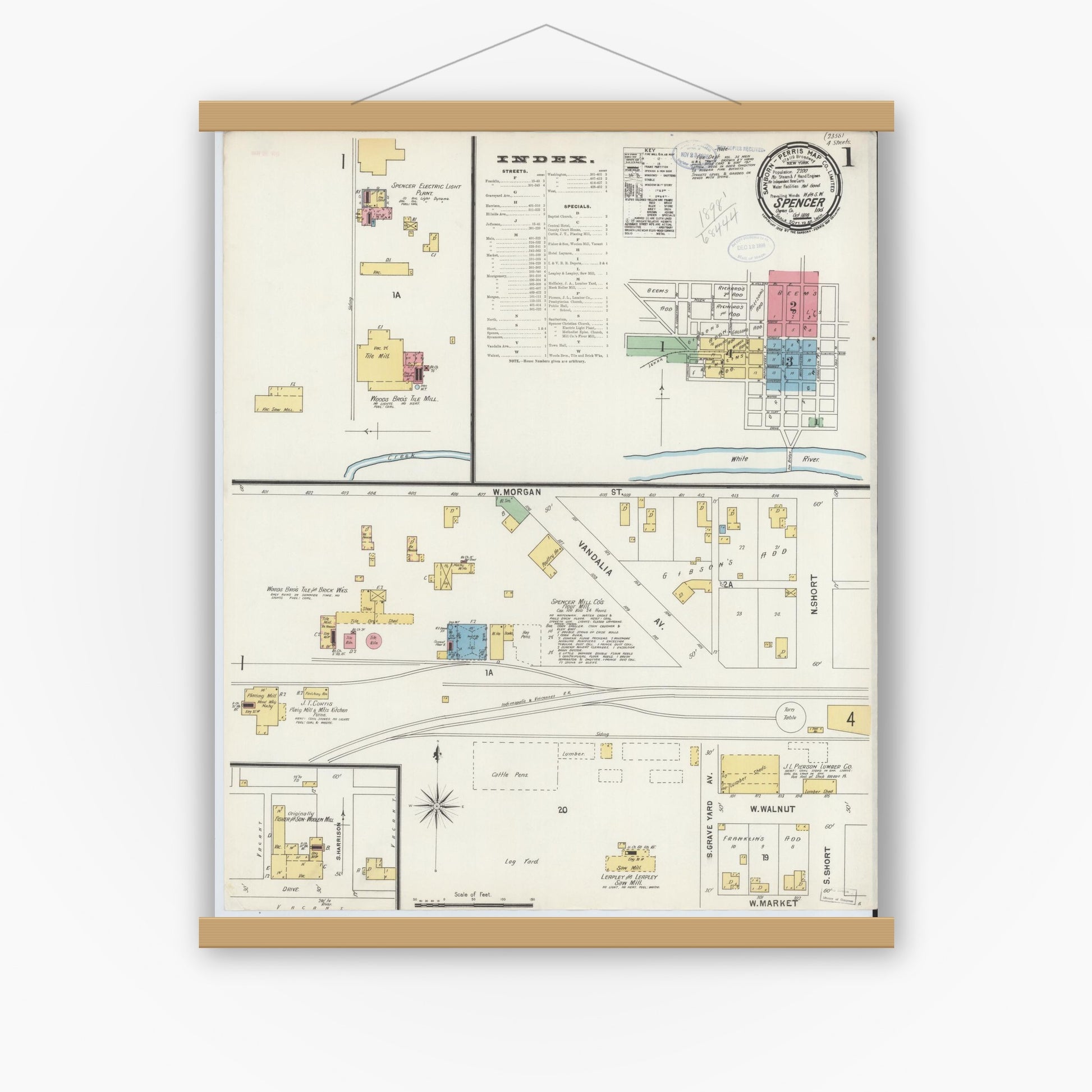 Old map wall art mockup — magnetic wood frame on white wall — Sanborn Fire Insurance Map from Spencer, Owen County, Indiana (1898) - Complete Map Set