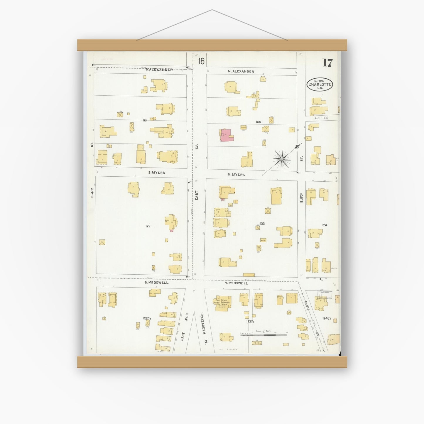 Old map wall art mockup — magnetic wood frame on white wall — Sanborn Fire Insurance Map from Charlotte, Mecklenburg County, North Carolina (1905), Sheet #0017
