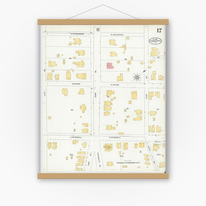 Old map wall art mockup — magnetic wood frame on white wall — Sanborn Fire Insurance Map from Charlotte, Mecklenburg County, North Carolina (1905), Sheet #0017