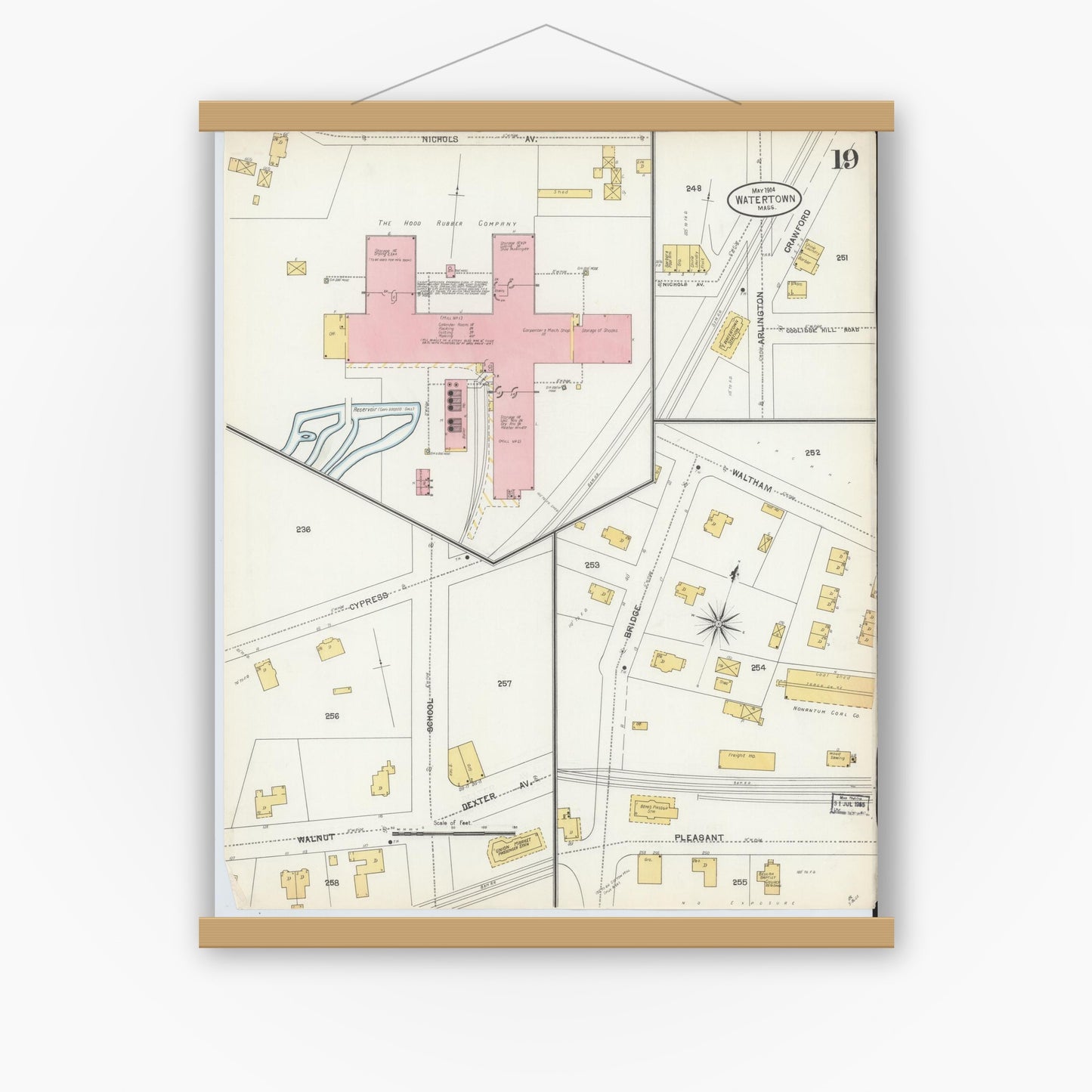 Old map wall art mockup — magnetic wood frame on white wall — Sanborn Fire Insurance Map from Watertown, Middlesex County, Massachusetts (1904), Sheet #0019