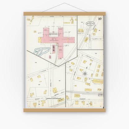 Old map wall art mockup — magnetic wood frame on white wall — Sanborn Fire Insurance Map from Watertown, Middlesex County, Massachusetts (1904), Sheet #0019