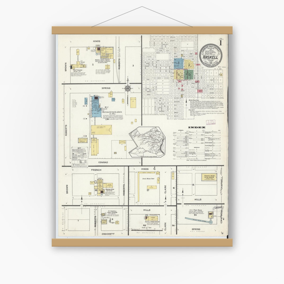 Old map wall art mockup — magnetic wood frame on white wall — Sanborn Fire Insurance Map from Haskell, Haskell County, Texas (1913) - Complete Map Set