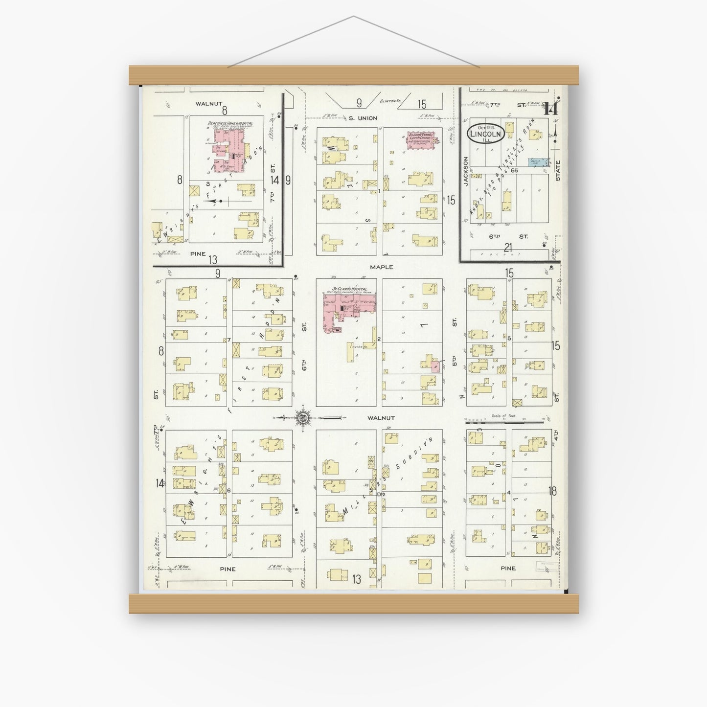 Old map wall art mockup — magnetic wood frame on white wall — Sanborn Fire Insurance Map from Lincoln, Logan County, Illinois (1914), Sheet #0014