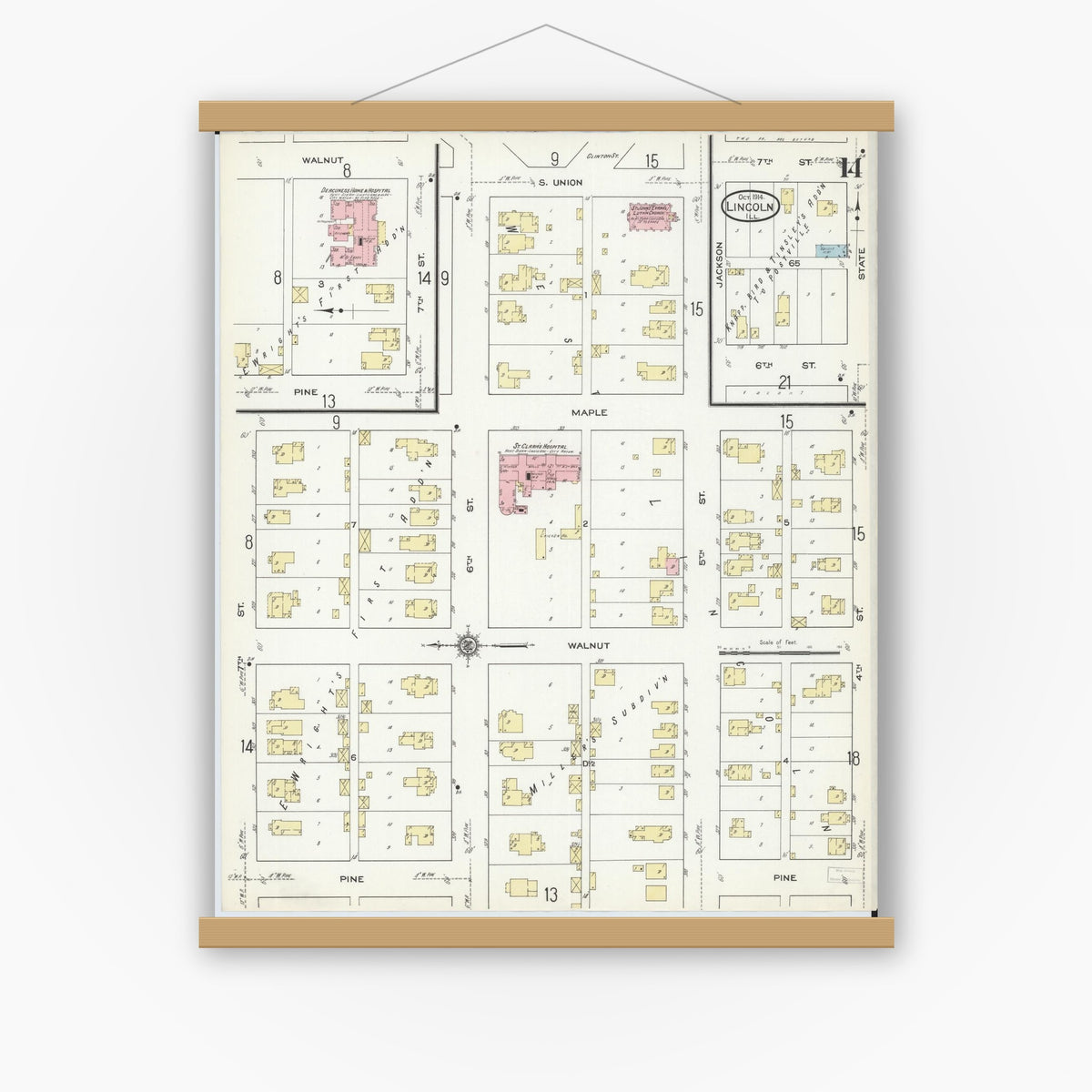 Old map wall art mockup — magnetic wood frame on white wall — Sanborn Fire Insurance Map from Lincoln, Logan County, Illinois (1914), Sheet #0014