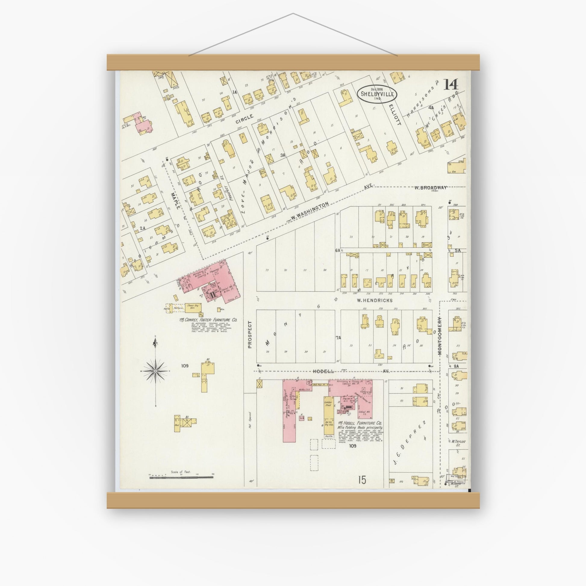 Old map wall art mockup — magnetic wood frame on white wall — Sanborn Fire Insurance Map from Shelbyville, Shelby County, Indiana (1898), Sheet #0014