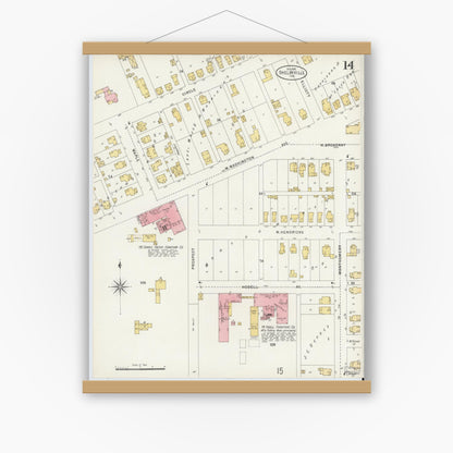Old map wall art mockup — magnetic wood frame on white wall — Sanborn Fire Insurance Map from Shelbyville, Shelby County, Indiana (1898), Sheet #0014