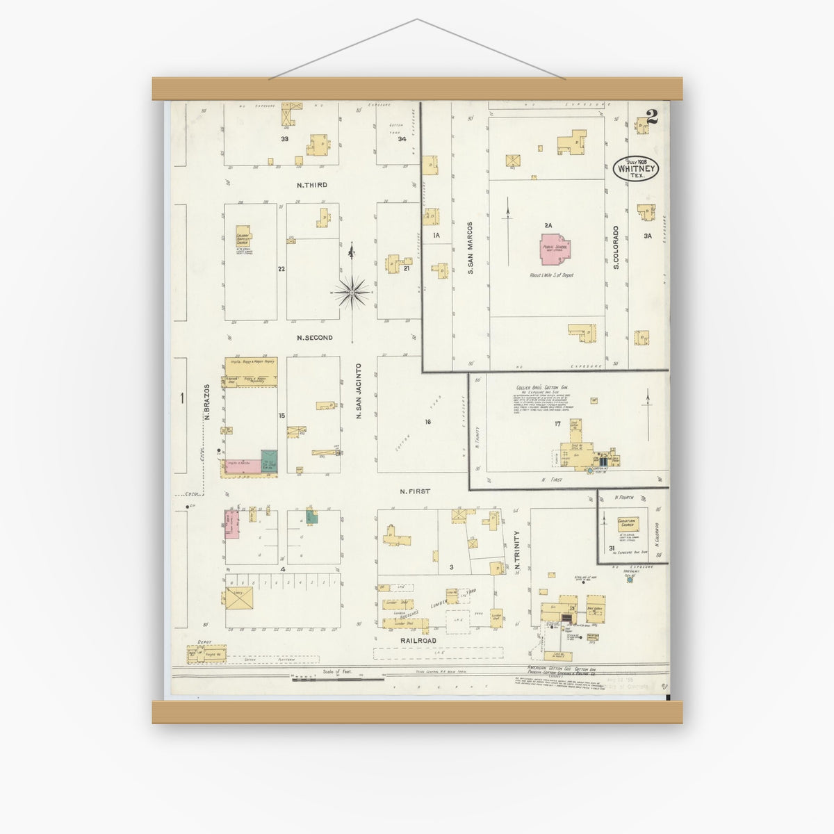 Old map wall art mockup — magnetic wood frame on white wall — Sanborn Fire Insurance Map from Whitney, Hill County, Texas (1905), Sheet #0002