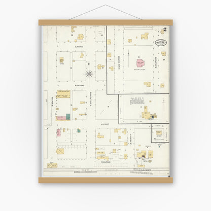 Old map wall art mockup — magnetic wood frame on white wall — Sanborn Fire Insurance Map from Whitney, Hill County, Texas (1905), Sheet #0002