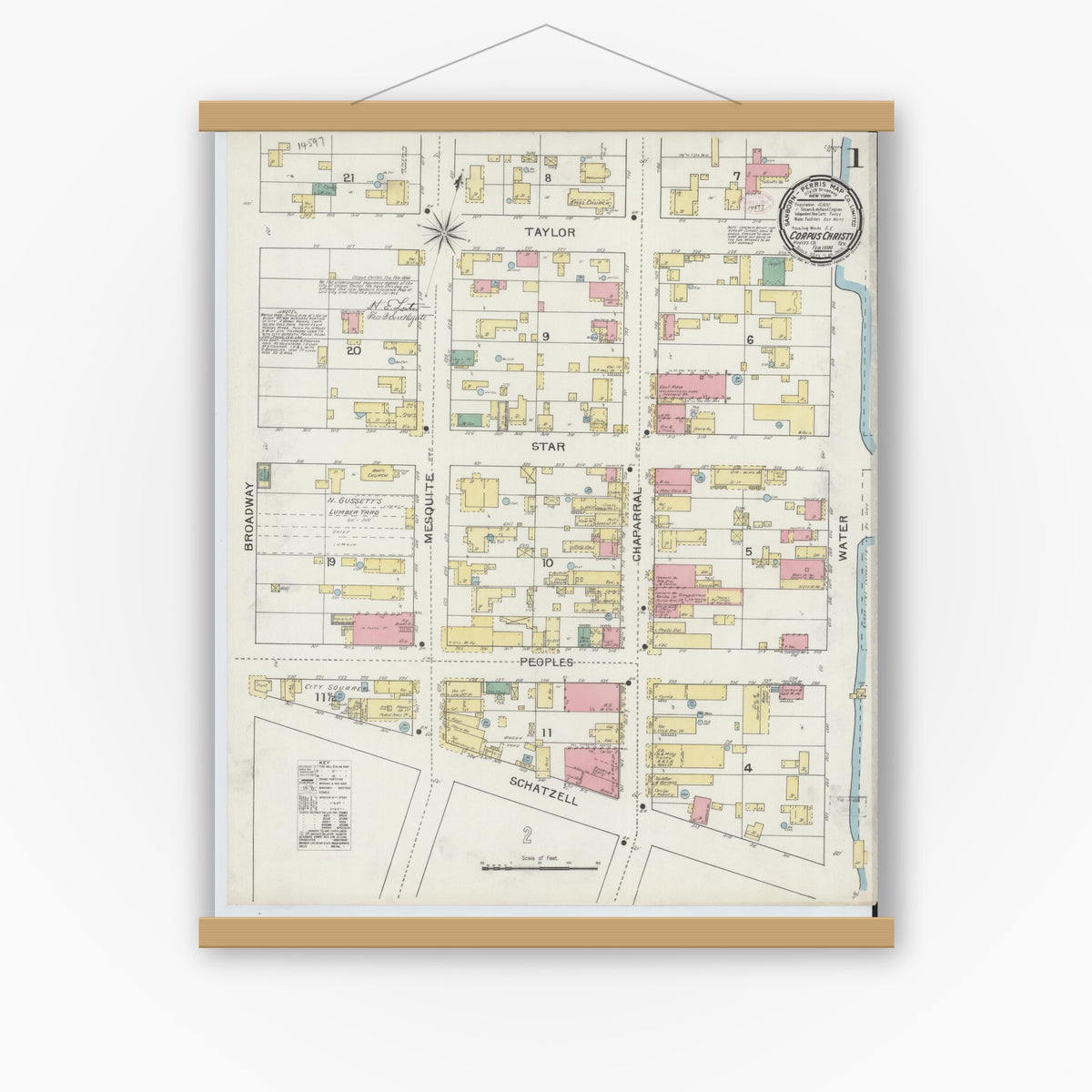 Old map wall art mockup — magnetic wood frame on white wall — Sanborn Fire Insurance Map from Corpus Christi, Nueces County, Texas (1894) - Complete Map Set