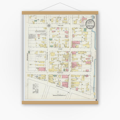 Old map wall art mockup — magnetic wood frame on white wall — Sanborn Fire Insurance Map from Corpus Christi, Nueces County, Texas (1894) - Complete Map Set