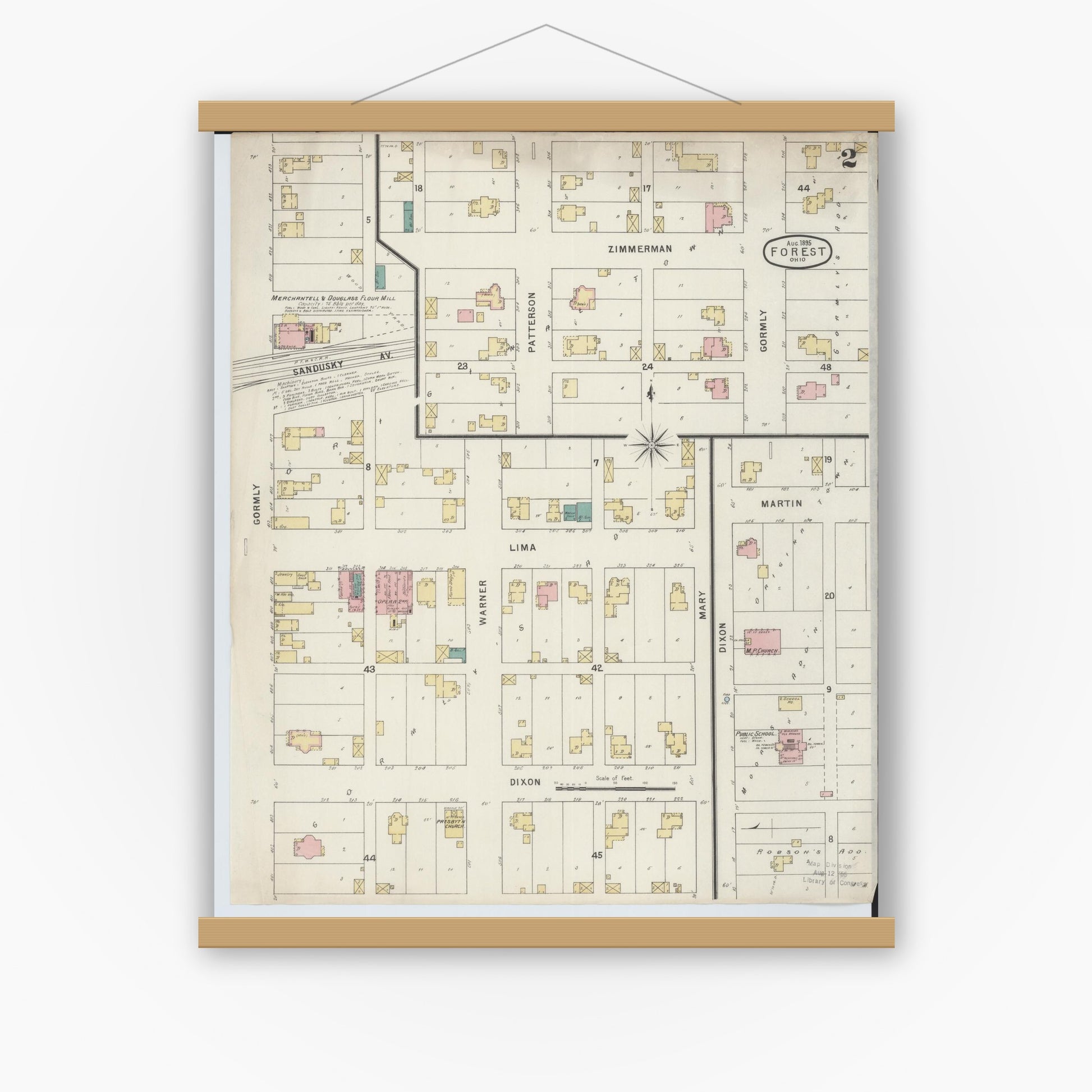 Old map wall art mockup — magnetic wood frame on white wall — Sanborn Fire Insurance Map from Forest, Hardin County, Ohio (1895), Sheet #0002