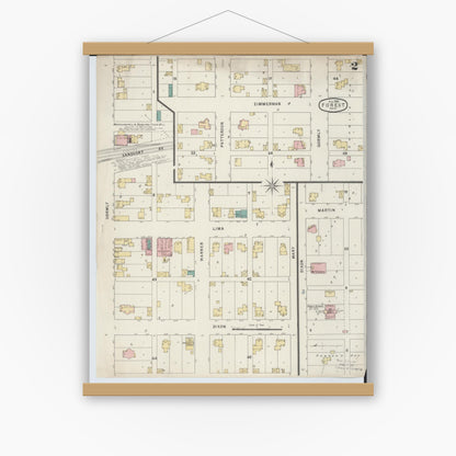 Old map wall art mockup — magnetic wood frame on white wall — Sanborn Fire Insurance Map from Forest, Hardin County, Ohio (1895), Sheet #0002