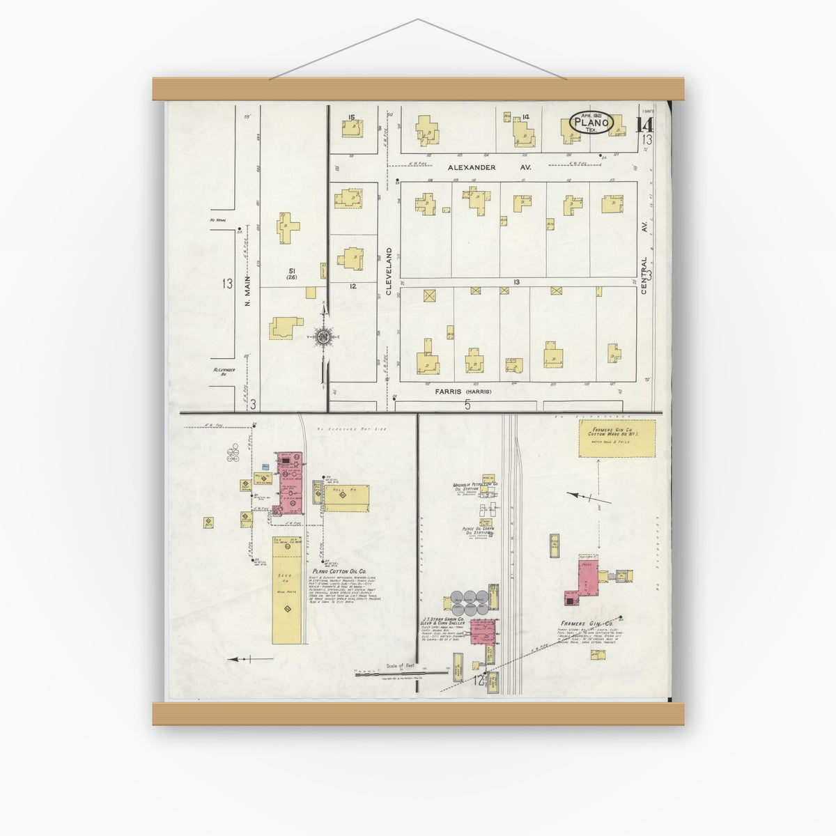 Old map wall art mockup — magnetic wood frame on white wall — Sanborn Fire Insurance Map from Plano, Collin County, Texas (1921), Sheet #0014