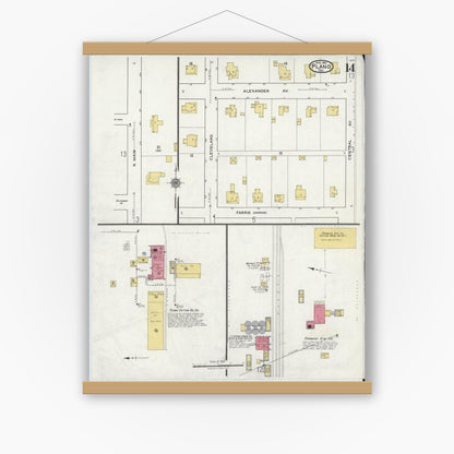 Old map wall art mockup — magnetic wood frame on white wall — Sanborn Fire Insurance Map from Plano, Collin County, Texas (1921), Sheet #0014