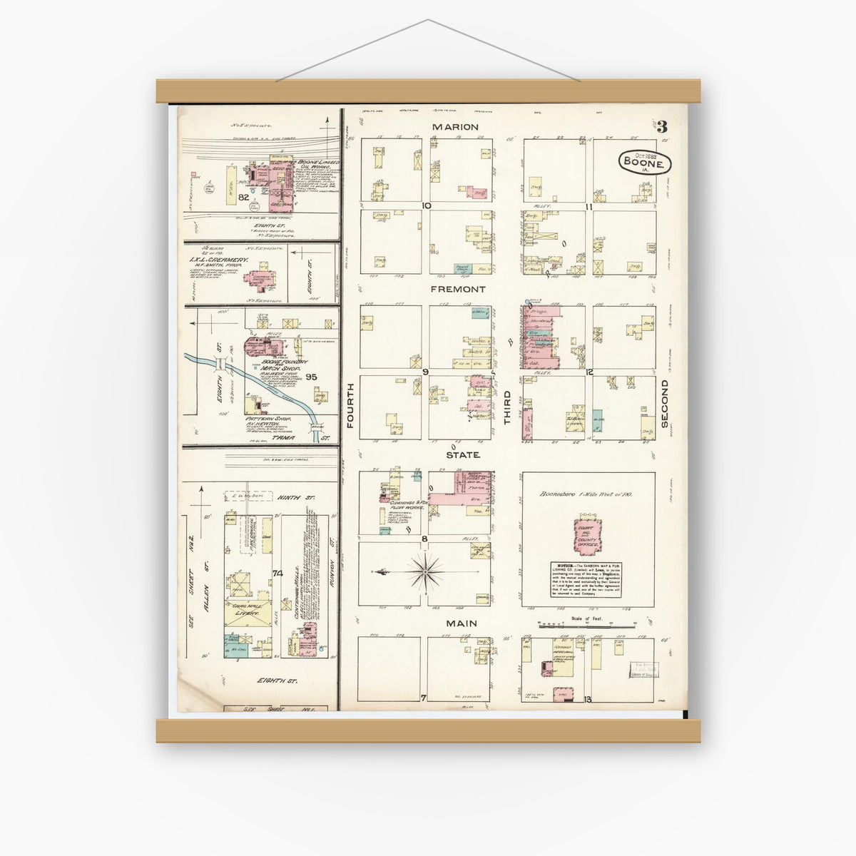 Old map wall art mockup — magnetic wood frame on white wall — Sanborn Fire Insurance Map from Boone, Boone County, Iowa (1883), Sheet #0003
