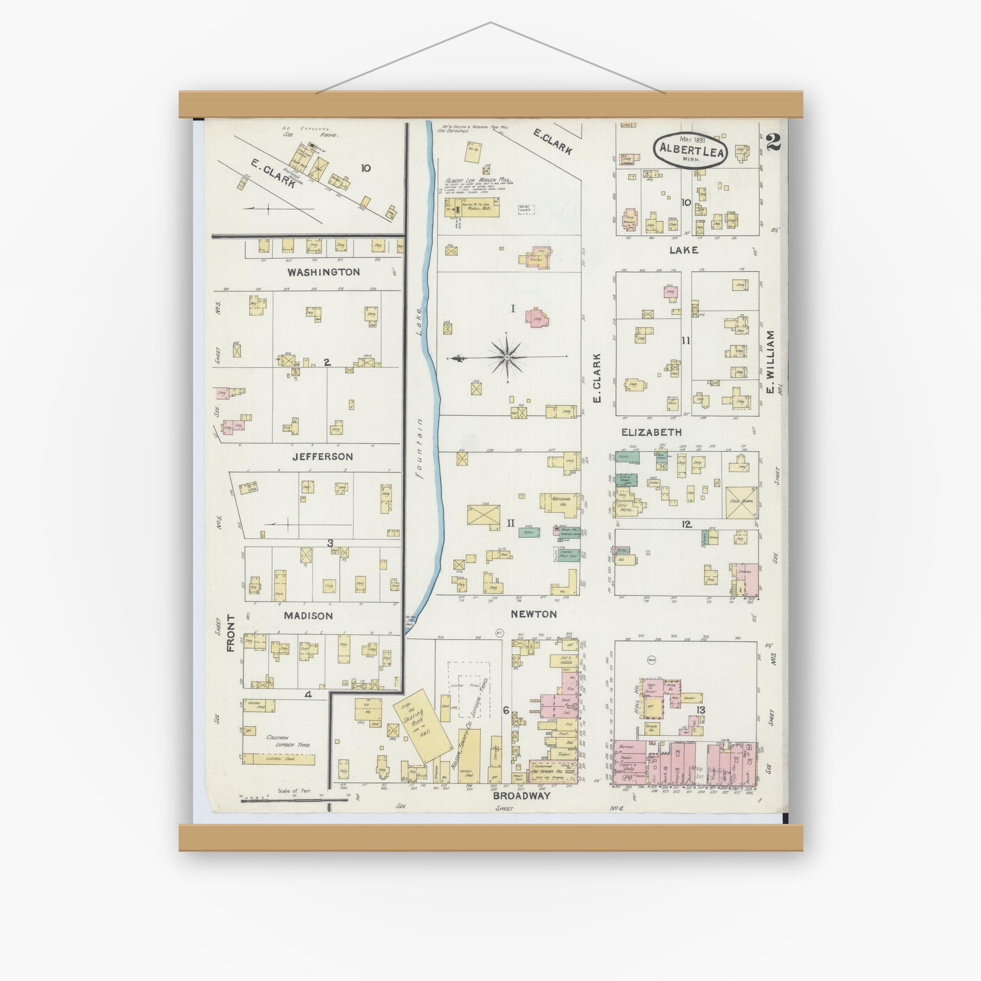 Old map wall art mockup — magnetic wood frame on white wall — Sanborn Fire Insurance Map from Albert Lea, Freeborn County, Minnesota (1891), Sheet #0002