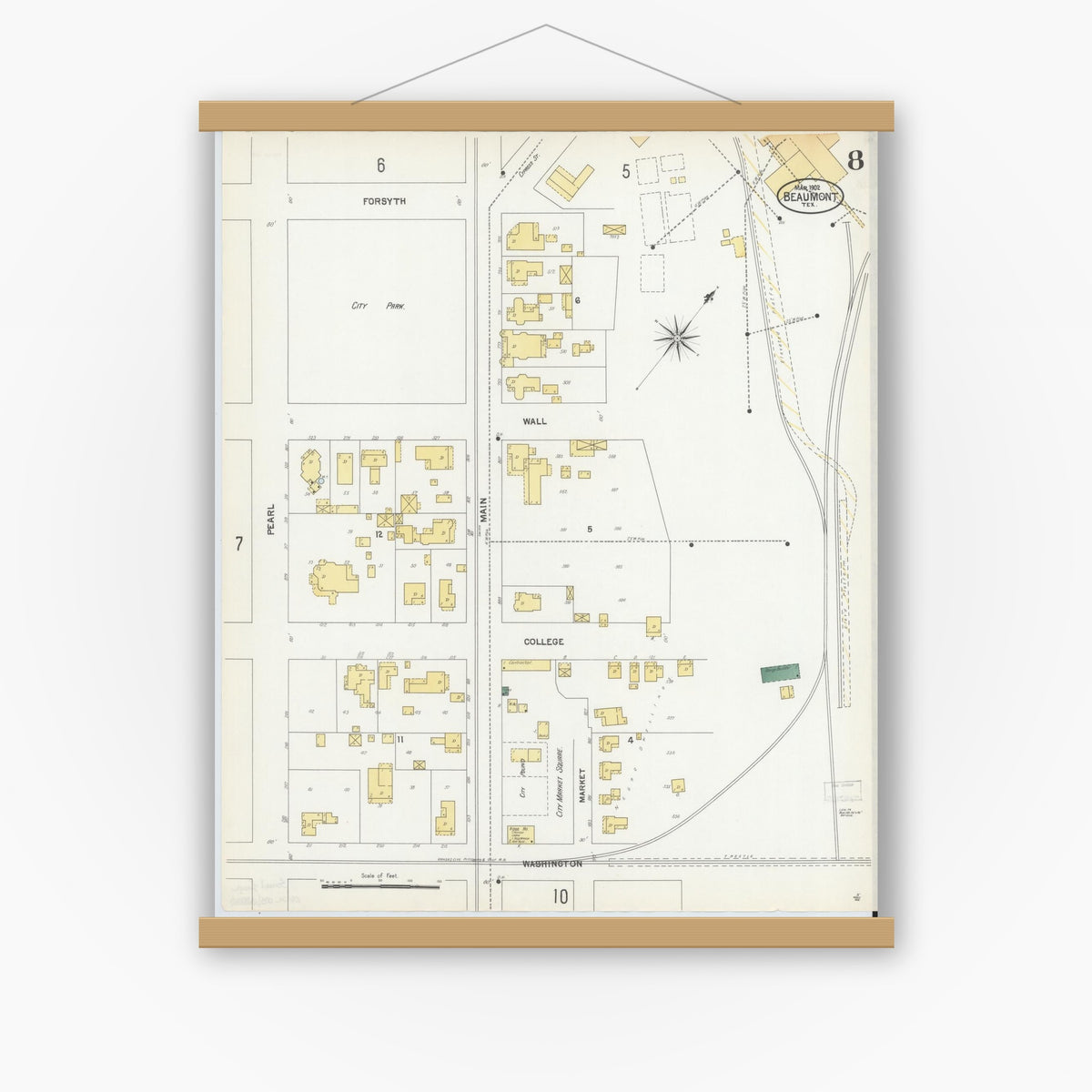 Old map wall art mockup — magnetic wood frame on white wall — Sanborn Fire Insurance Map from Beaumont, Jefferson County, Texas (1902), Sheet #0008