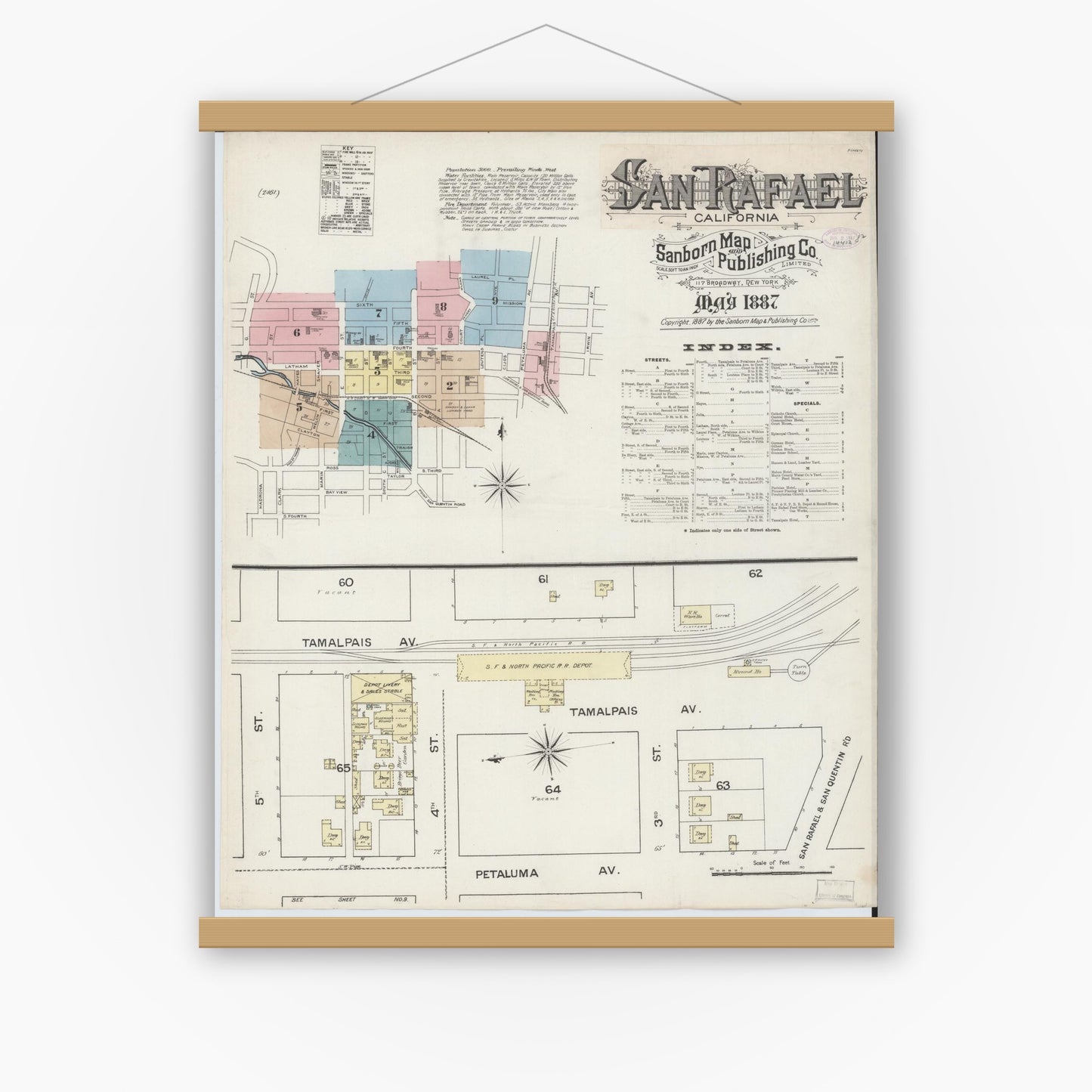 Old map wall art mockup — magnetic wood frame on white wall — Sanborn Fire Insurance Map from San Rafael, Marin County, California (1887) - Complete Map Set