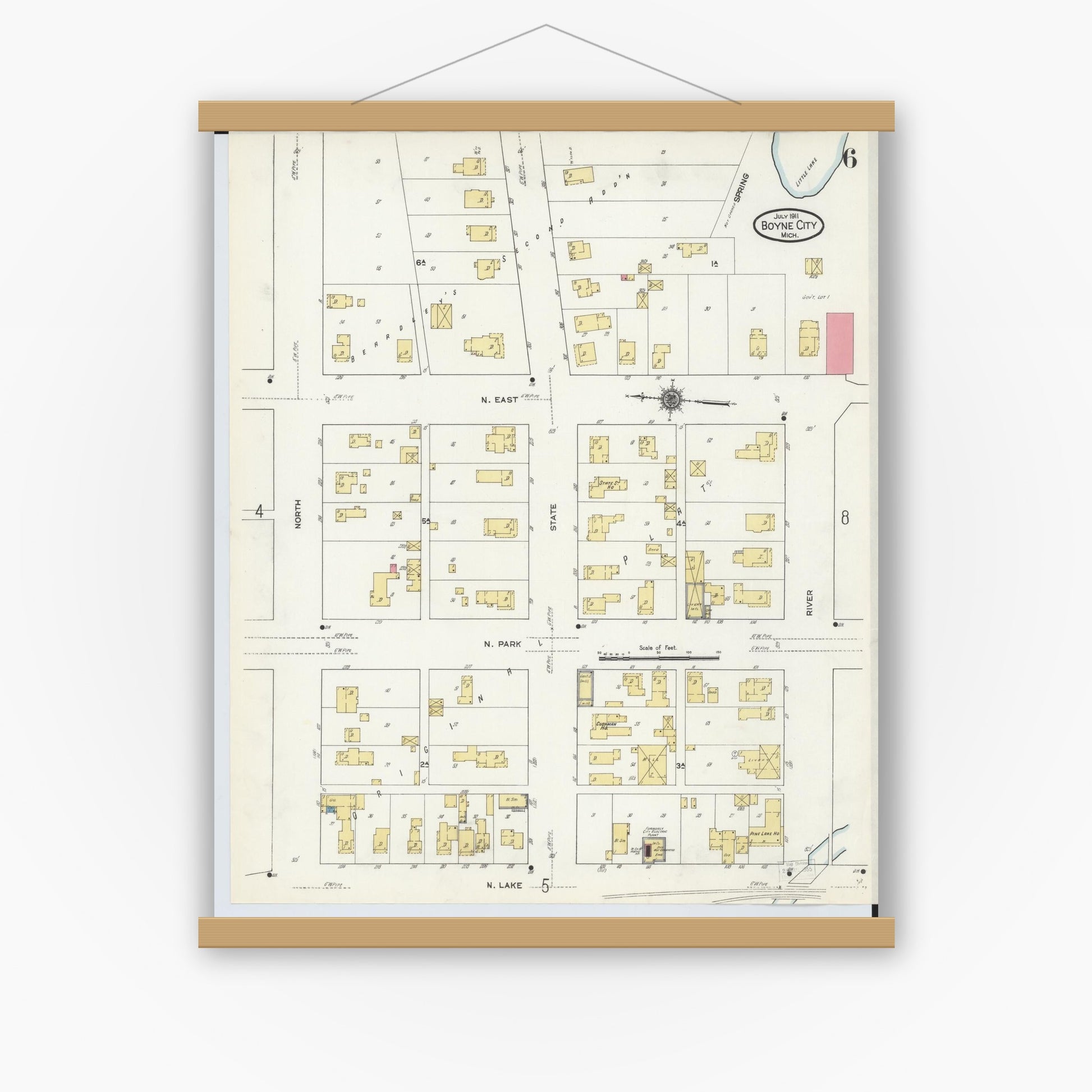 Old map wall art mockup — magnetic wood frame on white wall — Sanborn Fire Insurance Map from Boyne City, Charlevoix County, Michigan (1911), Sheet #0006