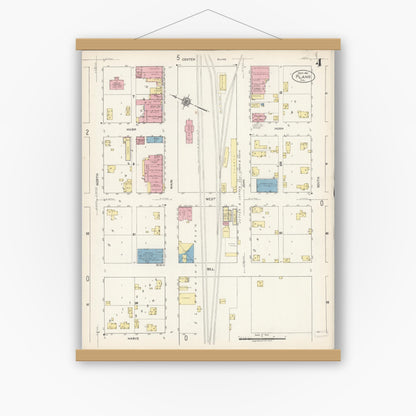 Old map wall art mockup — magnetic wood frame on white wall — Sanborn Fire Insurance Map from Plano, Kendall County, Illinois (1921), Sheet #0004