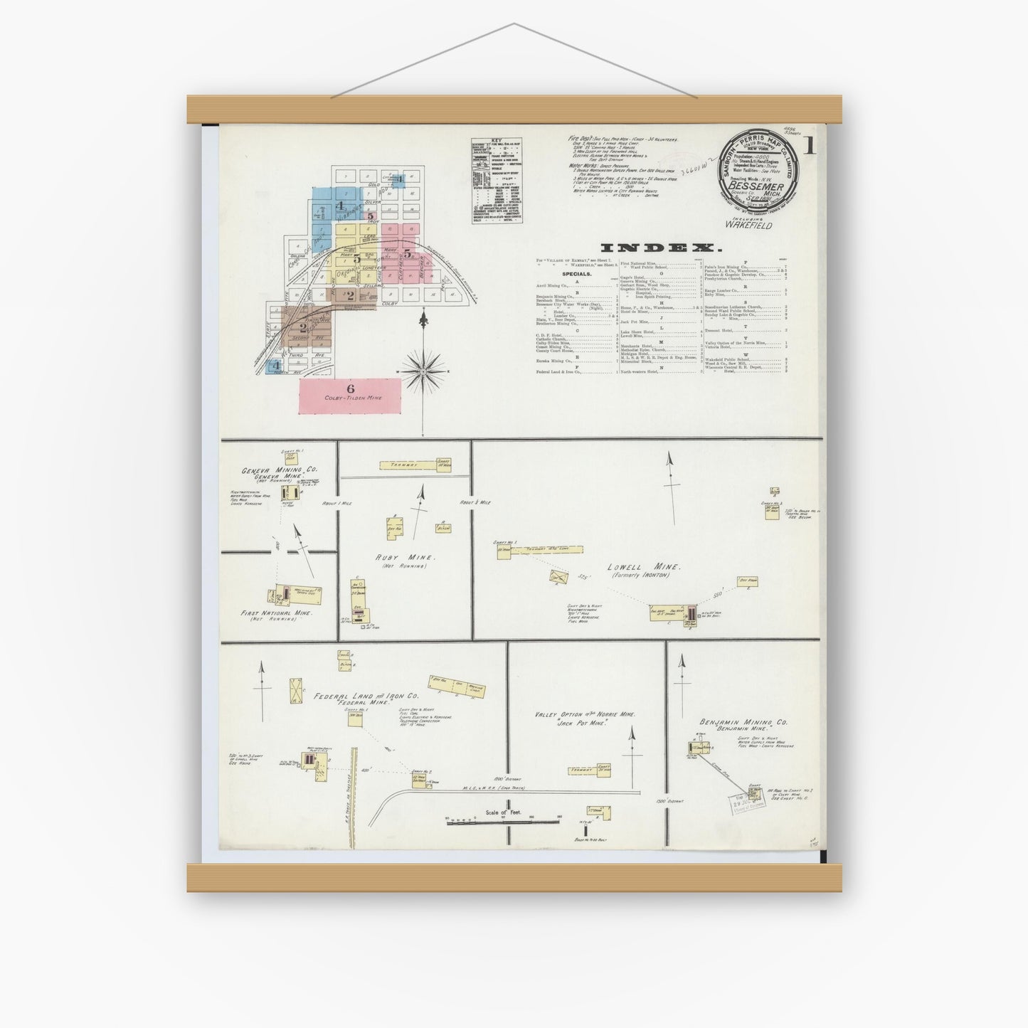 Old map wall art mockup — magnetic wood frame on white wall — Sanborn Fire Insurance Map from Bessemer, Gogebic County, Michigan (1891), Sheet #0001