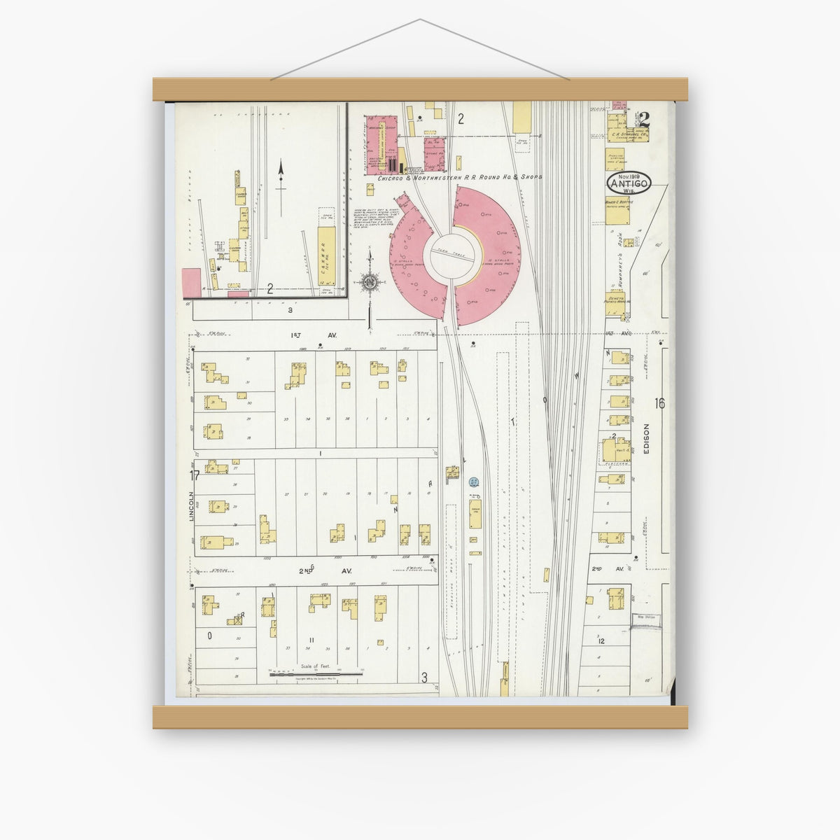 Old map wall art mockup — magnetic wood frame on white wall — Sanborn Fire Insurance Map from Antigo, Langlade County, Wisconsin (1919), Sheet #0002