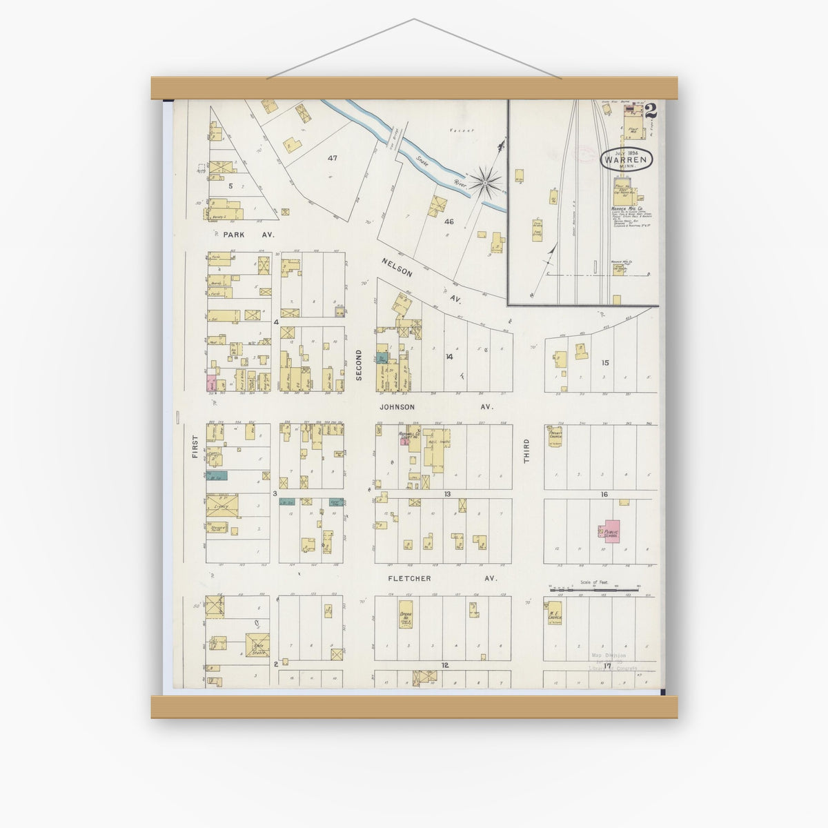 Old map wall art mockup — magnetic wood frame on white wall — Sanborn Fire Insurance Map from Warren, Marshall County, Minnesota (1894), Sheet #0002